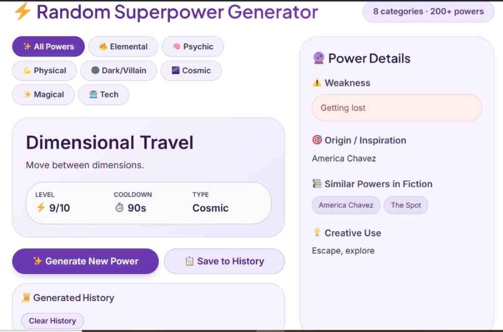 Random superpower generator tool revealing a unique superhero ability