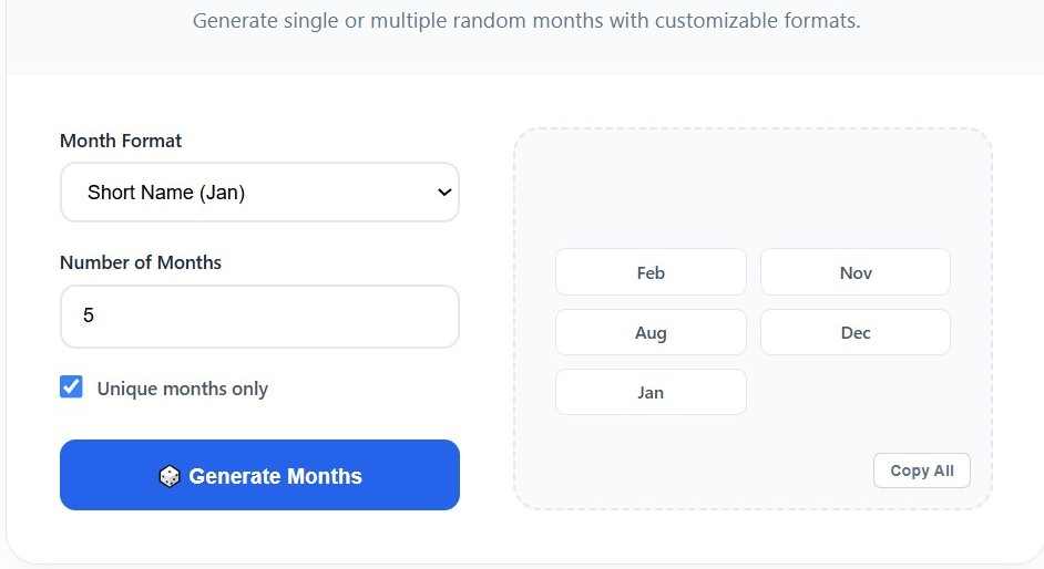 Random month generator tool interface showing a selected month
