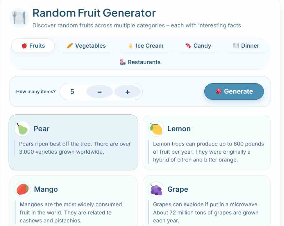 Random Fruit Generator tool showing pear, lemon, mango and grape results with fun facts
