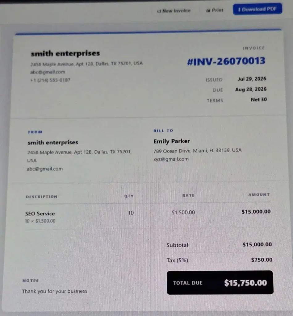 Completed invoice generated with item details, taxes, totals, and payment information.