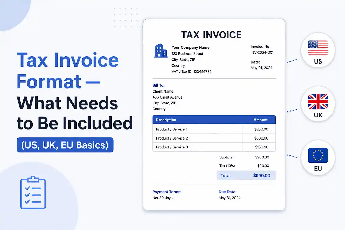 Tax invoice example with required fields for US, UK, and EU businesses
